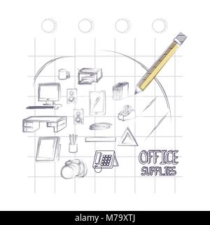 pencil and Office supplies around over white background, sketch design. vector illustration Stock Vector