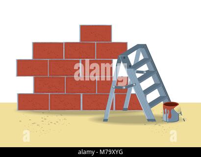 Bricks wall and ladder with paint can over white background, colorful design vector illustration Stock Vector