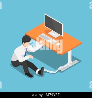 Flat 3d isometric businessman chained to the desk. Hard Working concept. Stock Vector