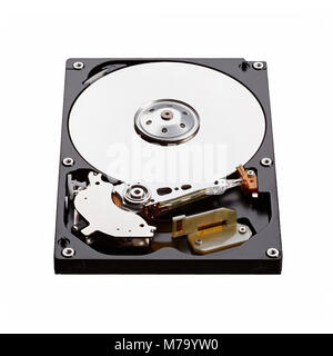 Real open hard drive isolated on white. Stock Photo
