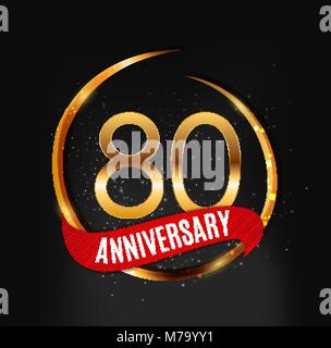 Template Gold Logo 80 Years Anniversary with Red Ribbon Vector Illustration Stock Vector