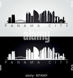 Panama City skyline and landmarks silhouette, black and white design, vector illustration. Stock Vector