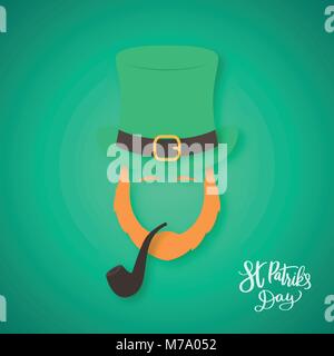 Silhouette of Irishman head with ginger beard and smoking pipe. Happy St. Patrick's Day. Origami concept. Vector illustration. Stock Vector