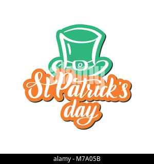 Irish composition with green leprechaun hat, label saint patrick day. Sticker with shadow. Vector illustration. Stock Vector