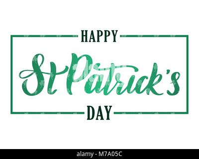 Greeting banner with handwritten elegant brush lettering composition of Happy St. Patrick's Day on white background. Vector illustration. Stock Vector