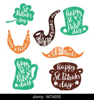 Set of stickers emblems with lettering: leaf clover, beer mug, mustaches, beard, hat , smoking pipe , pot of gold coins . Retro Style Typography Vecto Stock Vector