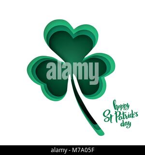 Paper cut shapes with silhouette of shamrock and lettering Happy St.Patrick's Day. Origami concept design vector background. Stock Vector