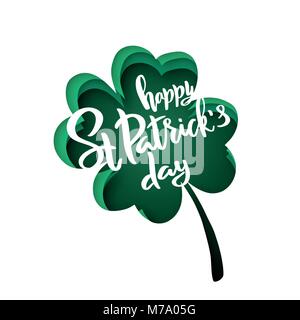 Paper cut shapes with silhouette of clover leaf and lettering Happy St.Patrick's Day. Origami concept design vector background. Stock Vector