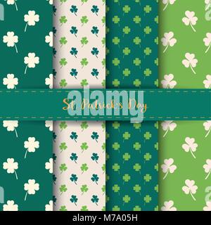Set of St. Patrick's Day Seamless Patterns with Clover and shamrock in Green and White color. For wallpapers, pattern fills, web backgrounds, greeting Stock Vector