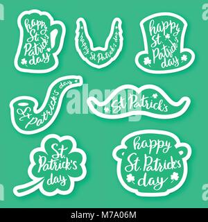 Set of seven stickers emblems with lettering: leaf clover, beer mug, mustaches, beard, hat , smoking pipe , pot of gold coins . Typography Vector illu Stock Vector