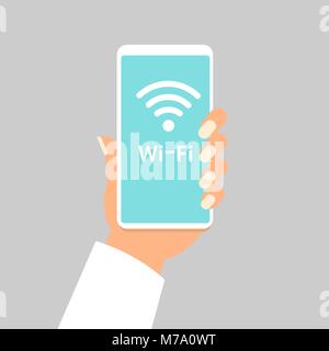 Hand holding smartphone with wifi wireless connection business concept isolated illustration Stock Vector