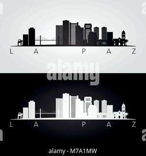 La Paz skyline and landmarks silhouette, black and white design, vector illustration. Stock Vector