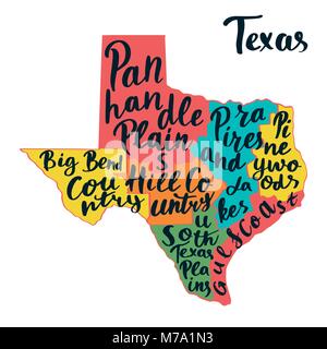Texas State map. Hand lettering. Vector illustration. Stock Vector