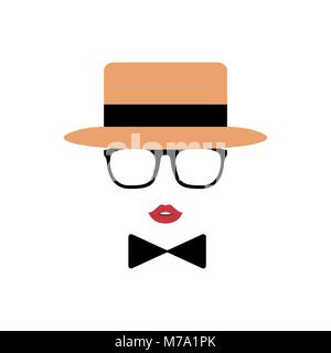 Lady avatar in hat, lips, glasses and a bow tie. Vintage style. Vector illustration. Stock Vector