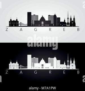 Zagreb skyline and landmarks silhouette, black and white design, vector illustration. Stock Vector