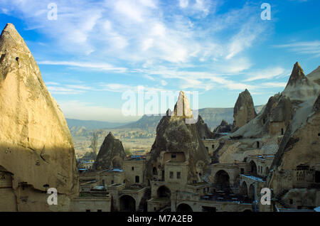 Ancient dwellings carved inside the mountain in Cappadocia, Turkey