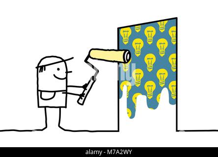 Cartoon Man Painting a Light Bulbs Wall Stock Vector