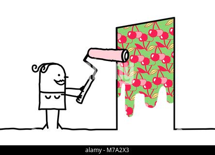 Cartoon Woman Painting a Cherry Patterned Wall Stock Vector