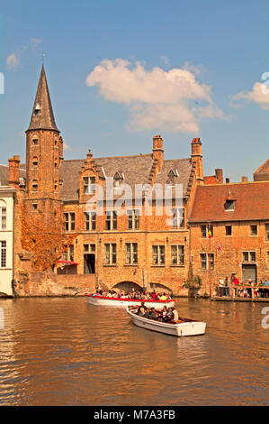 Rozenhoedkaai, Rosary Quay, Dijver Canal, People in Tourist Boat, Bruges, (Brugge) Belgium, Stock Photo