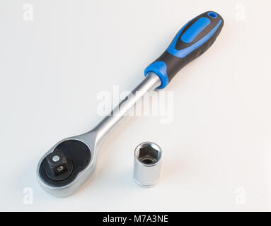 Vanadium socket wrench on white background with blue handle Stock Photo