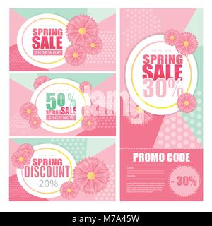 Spring sale background banner beautiful pink flower. Vector illustration. Promo code card Stock Vector