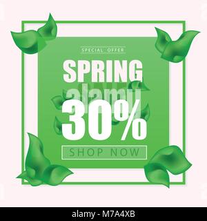 Advertisement - spring sale on background with leaves. Vector - green Stock Vector