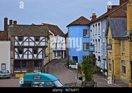 Colourful old buildings around the medieval square in the centre of Axbridge, Somerset. The half-timbered building is King John's hunting lodge. Stock Photo