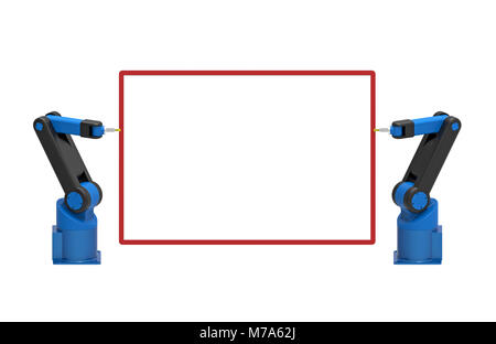 Two robots holding empty blank board, 3d rendering, on white background Stock Photo