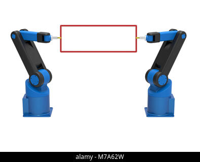 Two robots holding empty blank board, 3d rendering, on white background Stock Photo