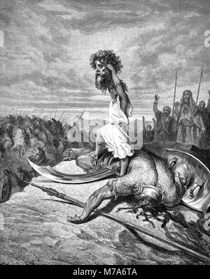 David with the head of Goliath (Book of Samuel). Illustration by Gustave Dore. Stock Photo