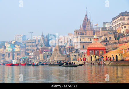 The ghats along the Ganges river banks, Varanasi, India Stock Photo
