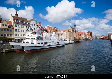 GDANSK, POLAND - APRIL 19, 2017: Ships moored by Long Embankment on Motlawa River in the Old Town of Gdansk, Poland Stock Photo