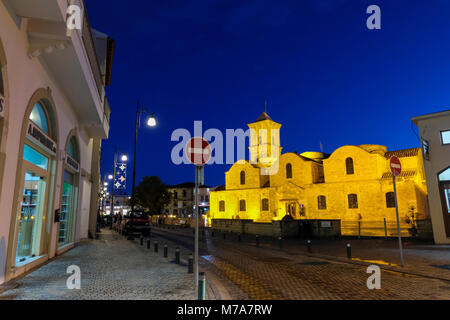 Larnaca, CYPRUS, January 5 2018: Blue hour at the Church of Saint Lazarus in the historic center of Larnaca. Wide view. LARNACA, January 5 2018 Stock Photo