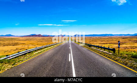 Long Straight Road through the Endless wide open landscape of the semi desert Karoo Region in Free State and Eastern Cape provinces in South Africa un Stock Photo