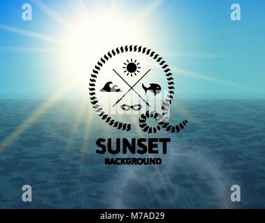Turquoise sunset with blue water sea surface, perspetive landscape in sunny fog, soft vibrant multicolored vector background illustration Stock Vector