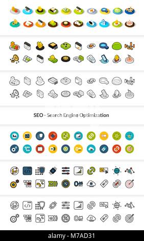 Set of icons in different style - isometric flat and otline, colored and black versions, vector symbols - Search engine optimization collection Stock Vector
