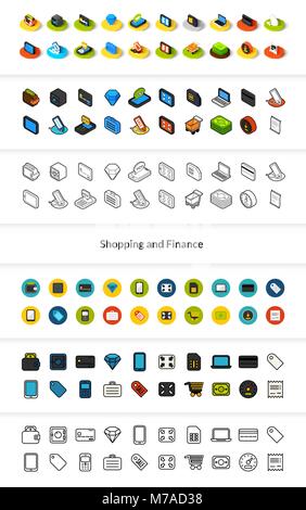 Set of icons in different style - isometric flat and otline, colored and black versions, vector symbols - Shopping and finance collection Stock Vector