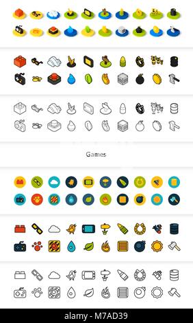 Set of icons in different style - isometric flat and otline, colored and black versions, vector symbols - Games collection Stock Vector
