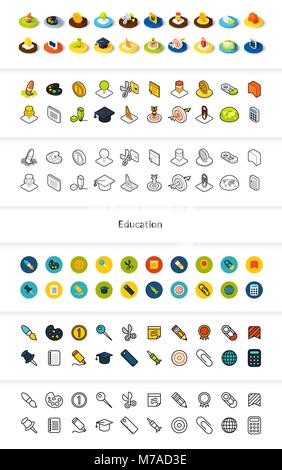 Set of icons in different style - isometric flat and otline, colored and black versions, vector symbols - Education collection Stock Vector