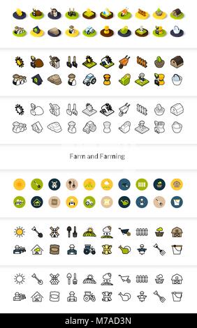 Set of icons in different style - isometric flat and otline, colored and black versions, vector symbols - Farm and farming collection Stock Vector