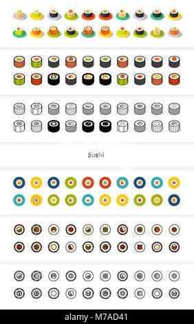Set of icons in different style - isometric flat and otline, colored and black versions, vector symbols - Sushi collection Stock Vector