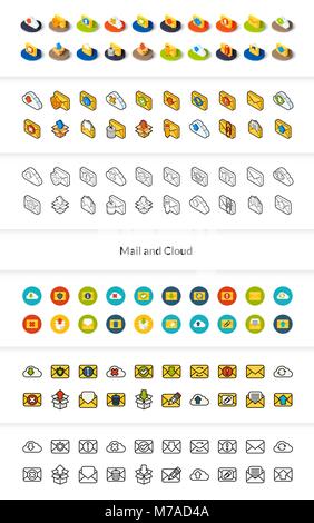 Set of icons in different style - isometric flat and otline, colored and black versions, vector symbols - Mail and cloud collection Stock Vector