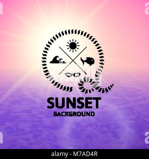 Pink sunset with violet water sea surface, perspetive landscape in sunny fog, soft vibrant multicolored vector background illustration Stock Vector