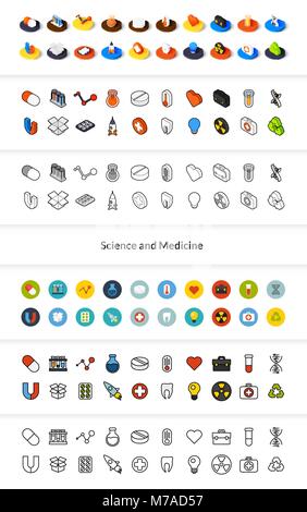 Set of icons in different style - isometric flat and otline, colored and black versions, vector symbols - Science and medicine collection Stock Vector