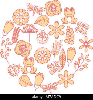 set of spring theme nature flowers love birds butterflies ladybugs frog dragonfly