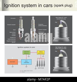 Spark plugs are used to ignition the engine, control by computer unit Spark plugs are important for engines that use gasoline. Illustration info graph Stock Vector