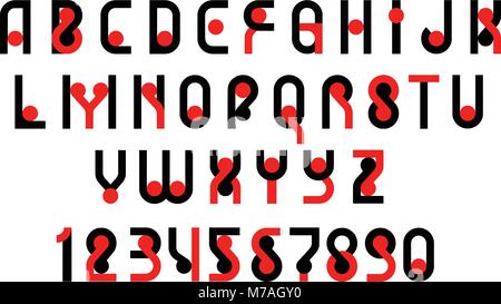 Latin modern bold font alphabet, upper case letters and numbers. Vector, two colors - red and black. Can also be a logotype logo. Stock Vector