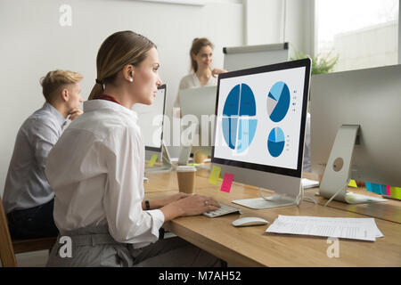 Focused woman working with statistics charts using computer in o Stock Photo