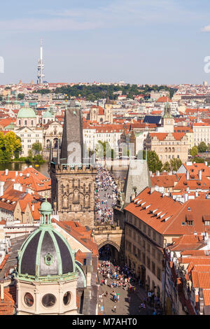 Czechia, Prague, town view, view from the small side over bridge tower and Charles bridge to the Old Town Stock Photo