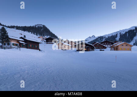 Austria, Montafon, Garfrescha, ski hut during the 'blue hour'. Stock Photo